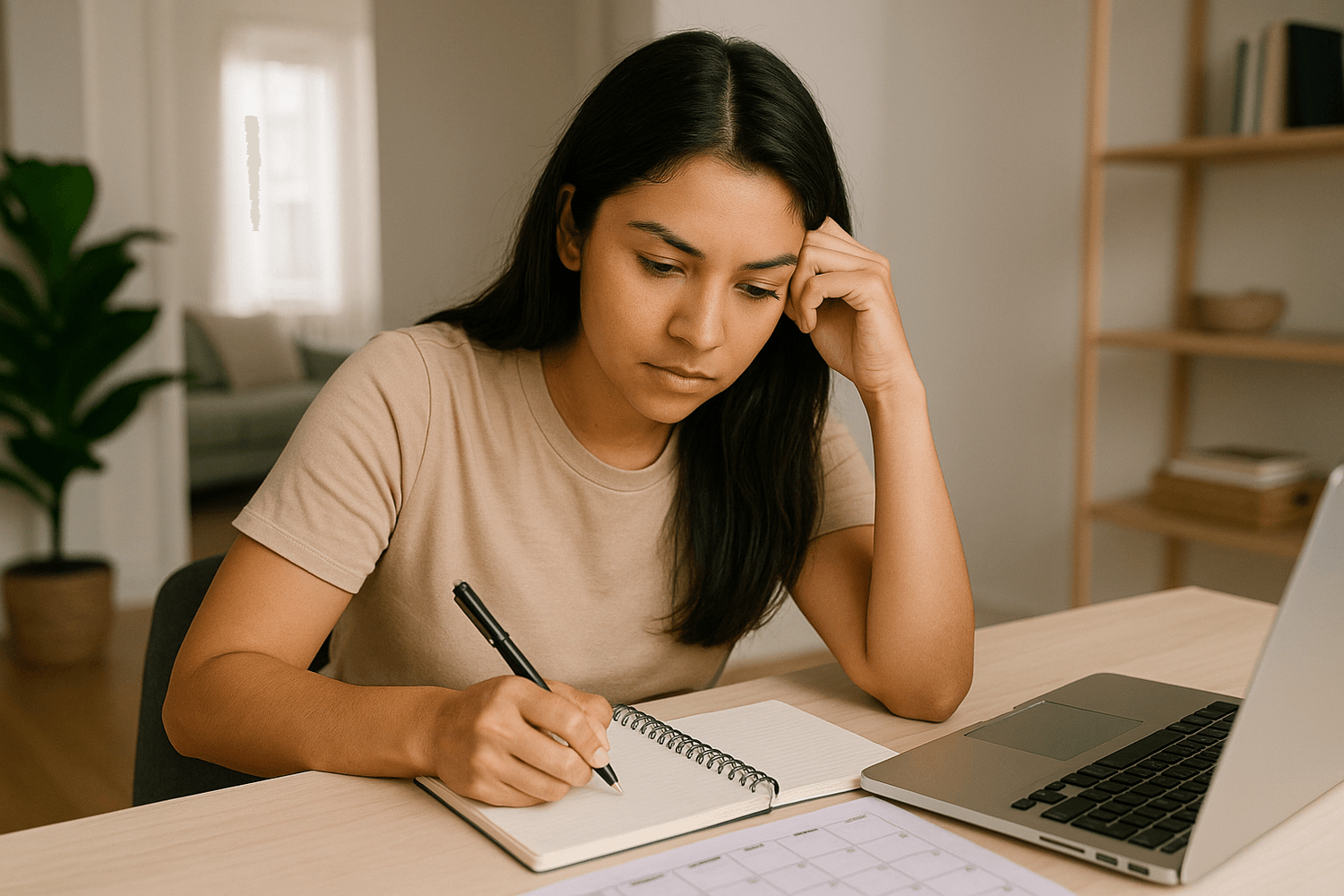 A young woman sitting at a desk, writing in a notebook while looking focused and slightly concerned, with a laptop and papers nearby in a home setting.