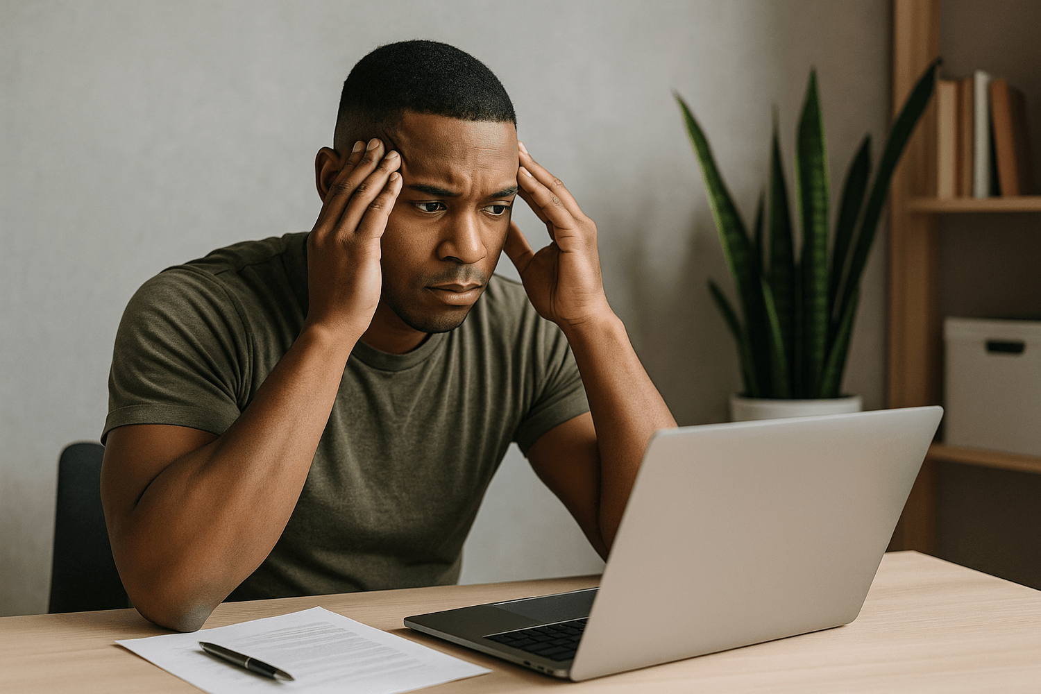 A man sitting at a desk with a laptop and papers, holding his head with both hands and looking stressed or overwhelmed, possibly dealing with financial or work-related concerns.