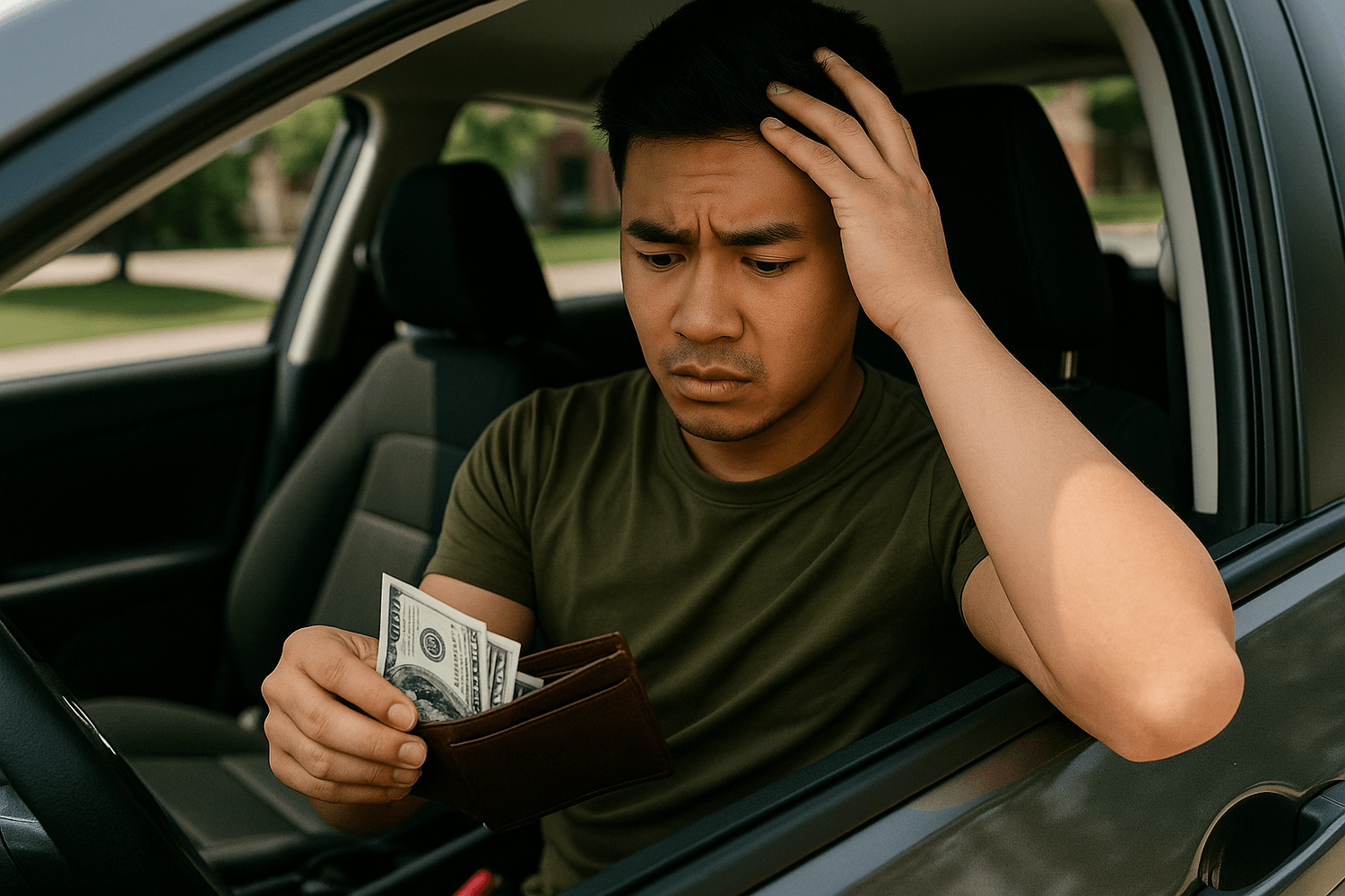 A man sits in the driver’s seat of a car, looking worried as he checks the cash inside his wallet. One hand holds the wallet while the other rests on his head, suggesting concern or stress about his finances.