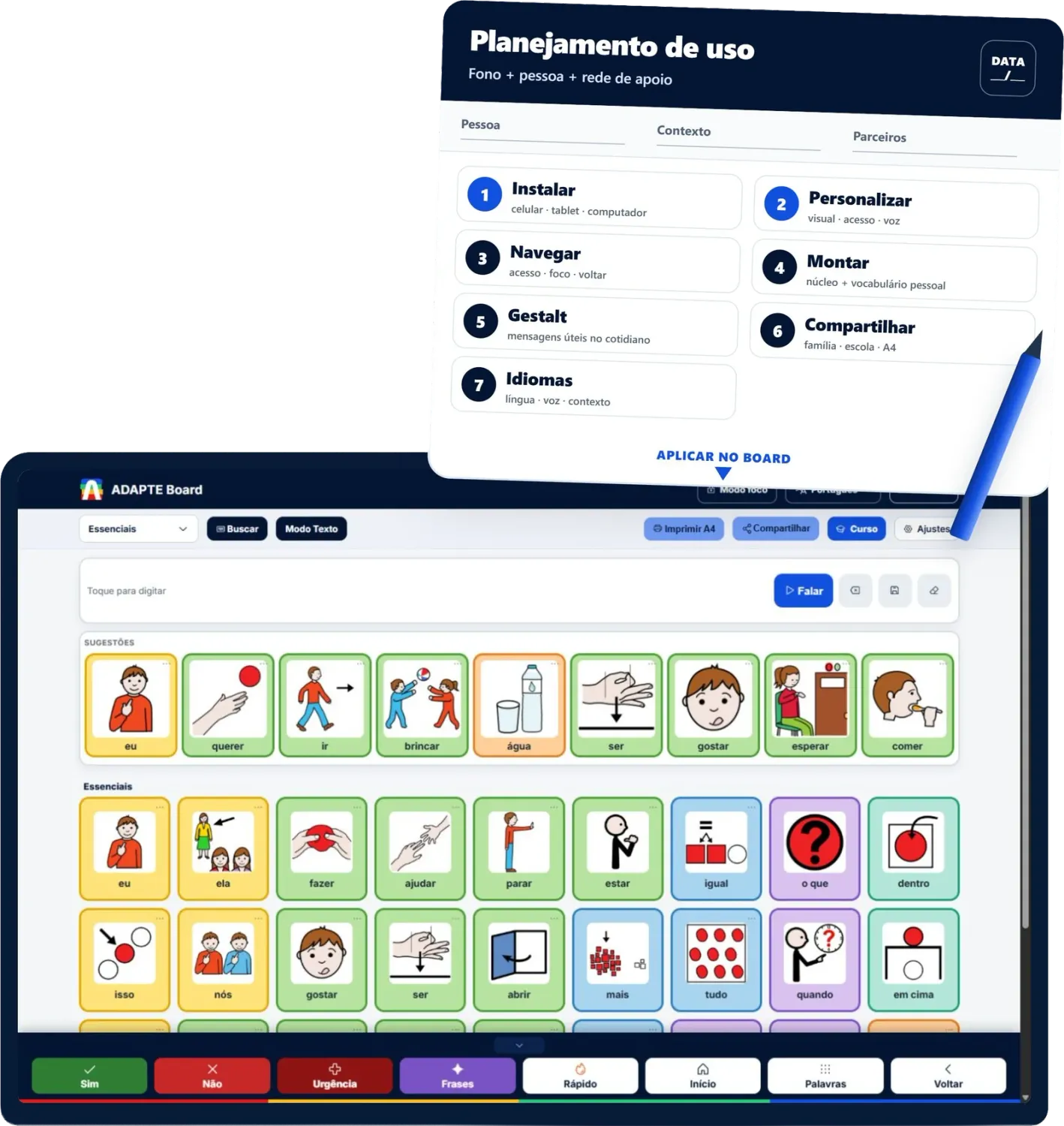 Ficha de planejamento de uso com os sete passos, Instalar, Personalizar, Navegar, Montar, Gestalt, Compartilhar e Idiomas, sobre a tela do ADAPTE Board com a prancha Essenciais.