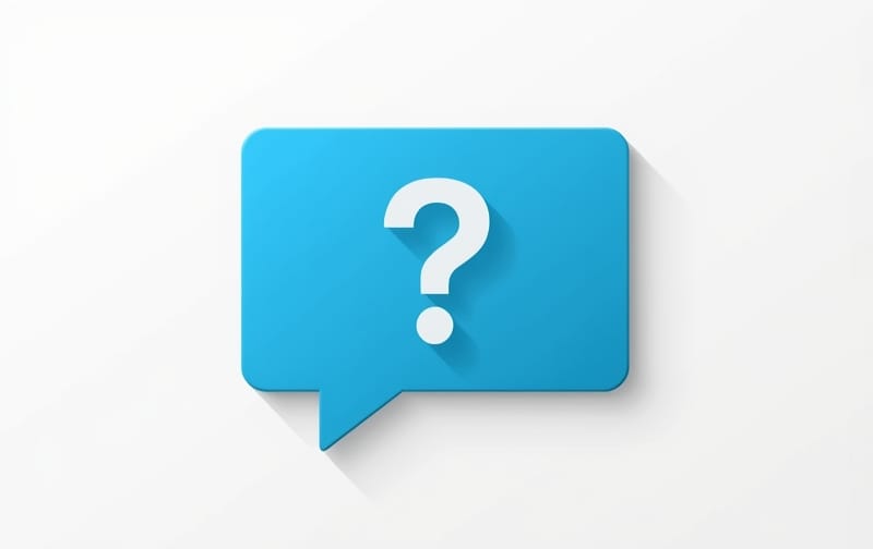 minimalist flat illustration of a blue speech bubble with a question mark, isolated on plain white background, simple vector style