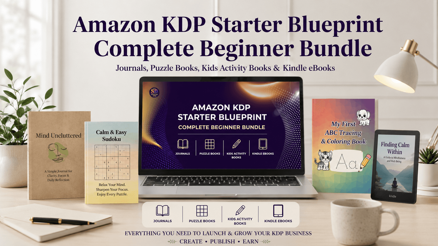 Amazon KDP beginner bundle with journal, puzzle book, kids activity book and Kindle eBook courses