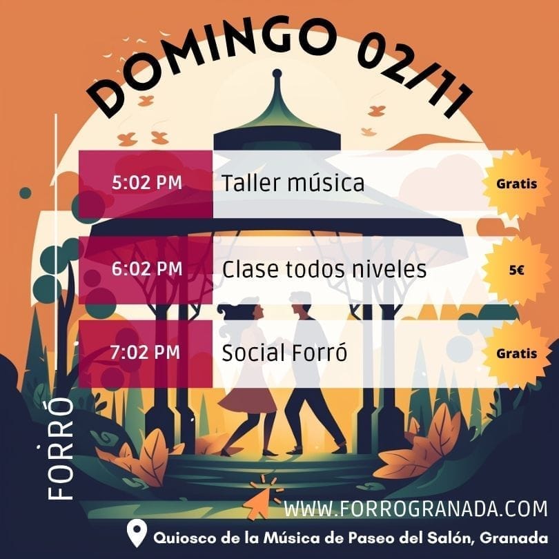 Cartel forró de domingo 02/11 con taller de música, clase de baile y social forró a partir de las 5pm