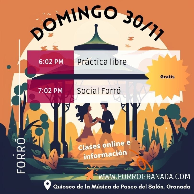 Cartel forró de domingo 30/11 con práctica libre y social forró a partir de las 6pm