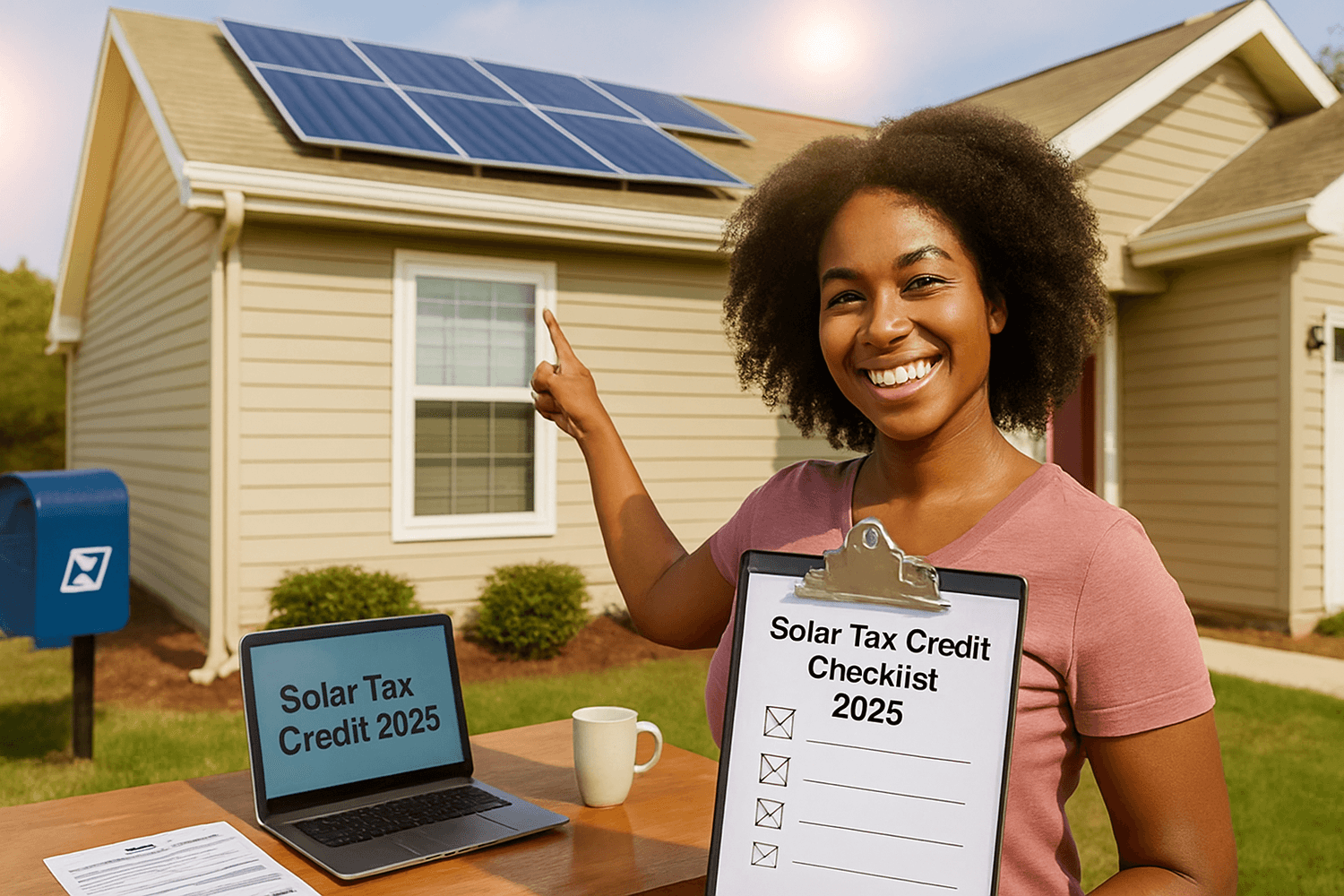 A young African American woman stands outside her suburban home, proudly pointing at newly installed rooftop solar panels. She holds a clipboard labeled “Solar Tax Credit Checklist 2025.” The sun shines brightly in the background, and a USPS mailbox sits near a neatly kept lawn, conveying a sense of pride, empowerment, and smart decision-making.