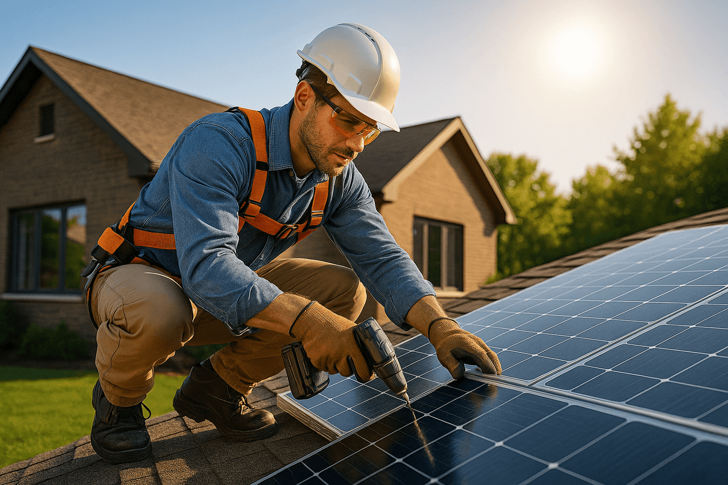 Professional solar installer wearing safety gear mounting solar panels on a modern American suburban rooftop under bright sunlight, with green lawn and trees in background.