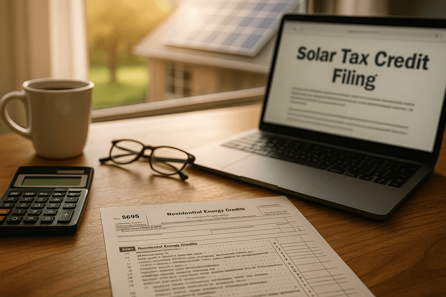 A realistic close-up image of a U.S. tax preparer’s desk with IRS Form 5695, a calculator, a coffee mug, and a laptop open to a “Solar Tax Credit Filing” page. Sunlight streams in from a nearby window, subtly illuminating a solar-powered home outside.