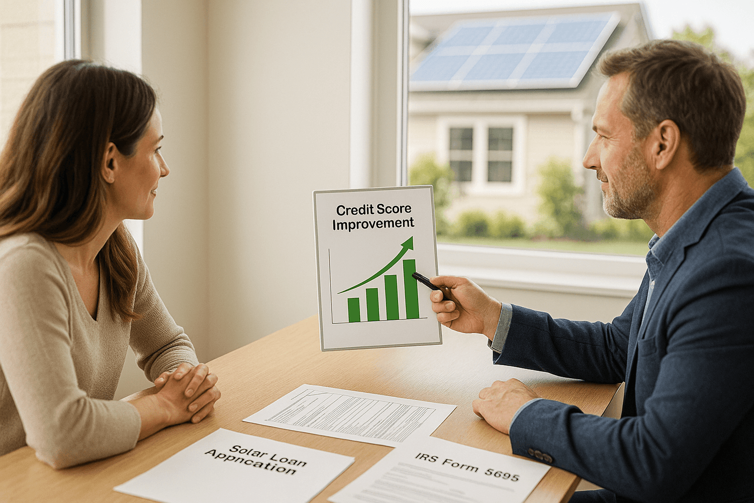 A detailed, realistic photograph of a professional loan officer meeting with a U.S. couple in a bright modern office. The officer points to a chart showing “Credit Score Improvement” with upward green arrows. On the desk are documents labeled “Solar Loan Application” and “IRS Form 5695.” A large sunny window reveals solar panels outside. Natural, professional, business-like tone. 