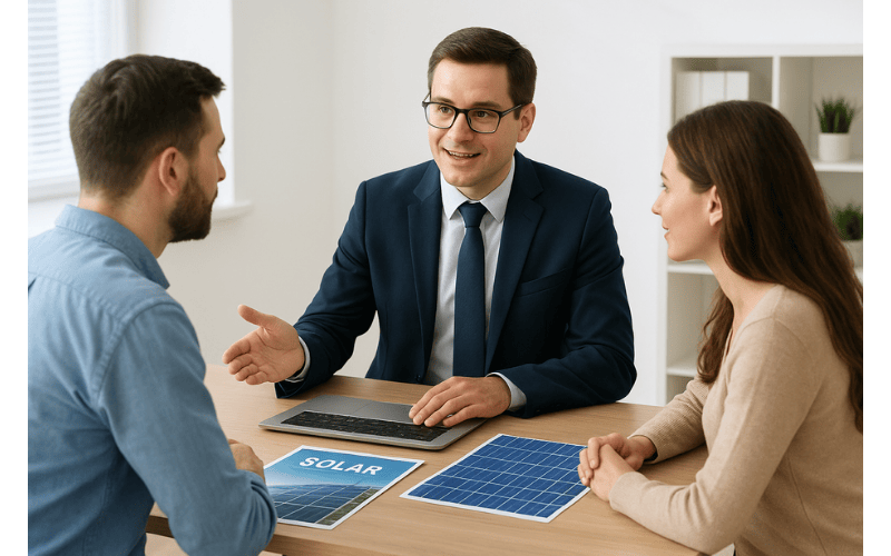 A realistic, high-resolution image of a bank loan officer sitting at a desk with a laptop, discussing solar financing options with a couple, solar panel brochures on the table, bright office lighting, clear details, 16:10 aspect ratio – size 800x500 px.