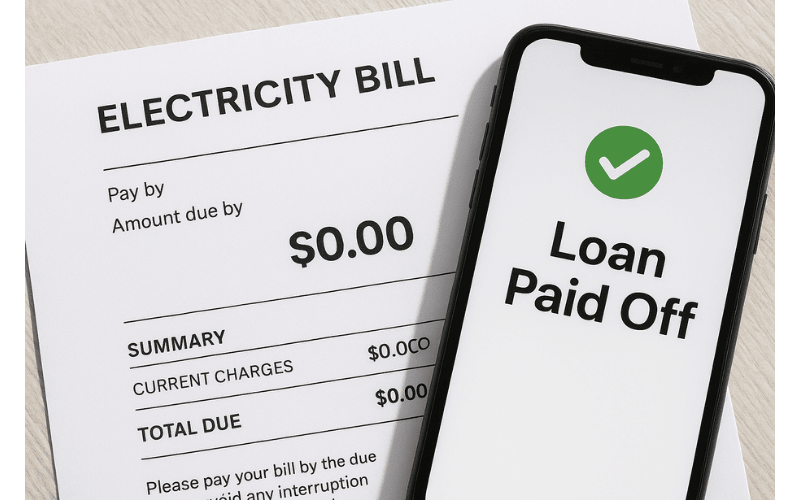 high-resolution image of a close-up shot of a U.S. electricity bill showing $0 or very low charges, placed beside a smartphone displaying “Loan Paid Off” notification, natural daylight, sharp details, 16:10 aspect ratio – size 800x500 px.