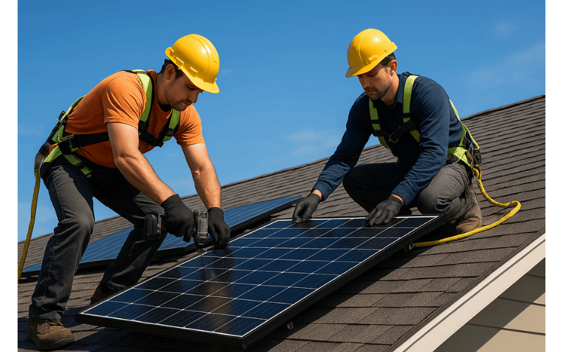 high-resolution image of professional solar panel installers working on a rooftop of a modern American home, using tools and safety gear, blue sky background, clean and realistic detail, 16:10 aspect ratio – size 800x500 px.