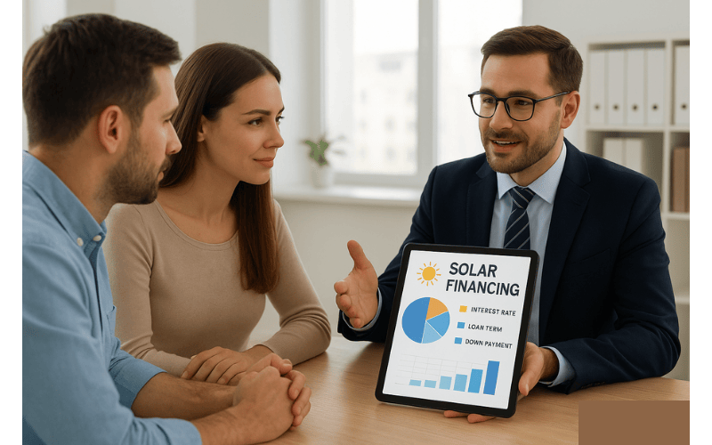 Bank officer explaining solar financing options to a couple.