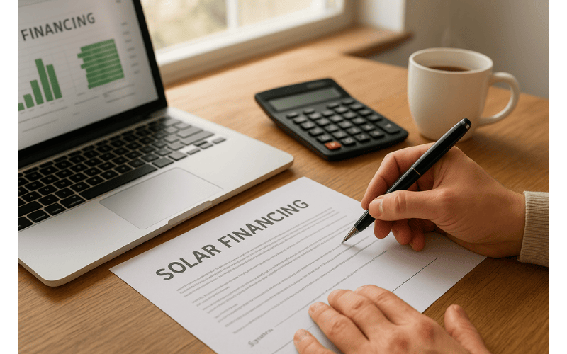Homeowner signing solar panel financing agreement.