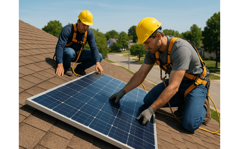 Solar installation workers installing rooftop panels on a sunny day.