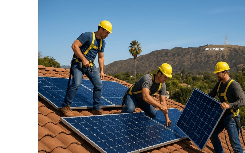 Solar panel installers working on a rooftop in Los Angeles.