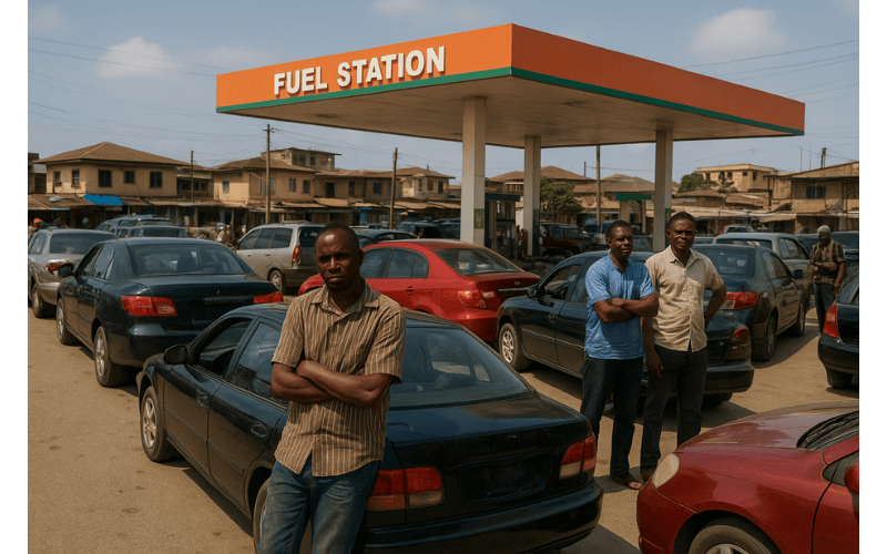 Photo of Nigerians standing  in a queue at the fueling station to by fuel 