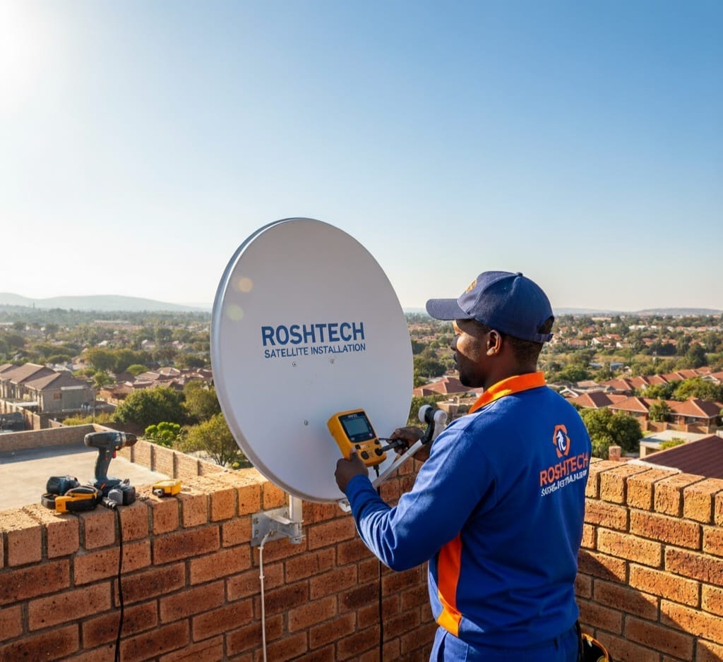 A hyper-realistic image depicts a professional Roshtech Satellite Installation technician installing a satellite dish on a Roodepoort rooftop. The technician, dressed in a blue and orange Roshtech uniform and cap, is focused on aligning the white satellite dish, which prominently displays "ROSHTECH SATELLITE INSTALLATION" in blue lettering. The clear blue sky and bright sunlight illuminate the scene, casting soft shadows. The suburban Roodepoort landscape with its houses and lush trees stretches into the background under a sunny sky. Tools like a drill and a signal meter are visible on the brick wall next to the technician, emphasizing precision and professionalism. The overall look is cinematic and trustworthy, captured in 8k resolution.