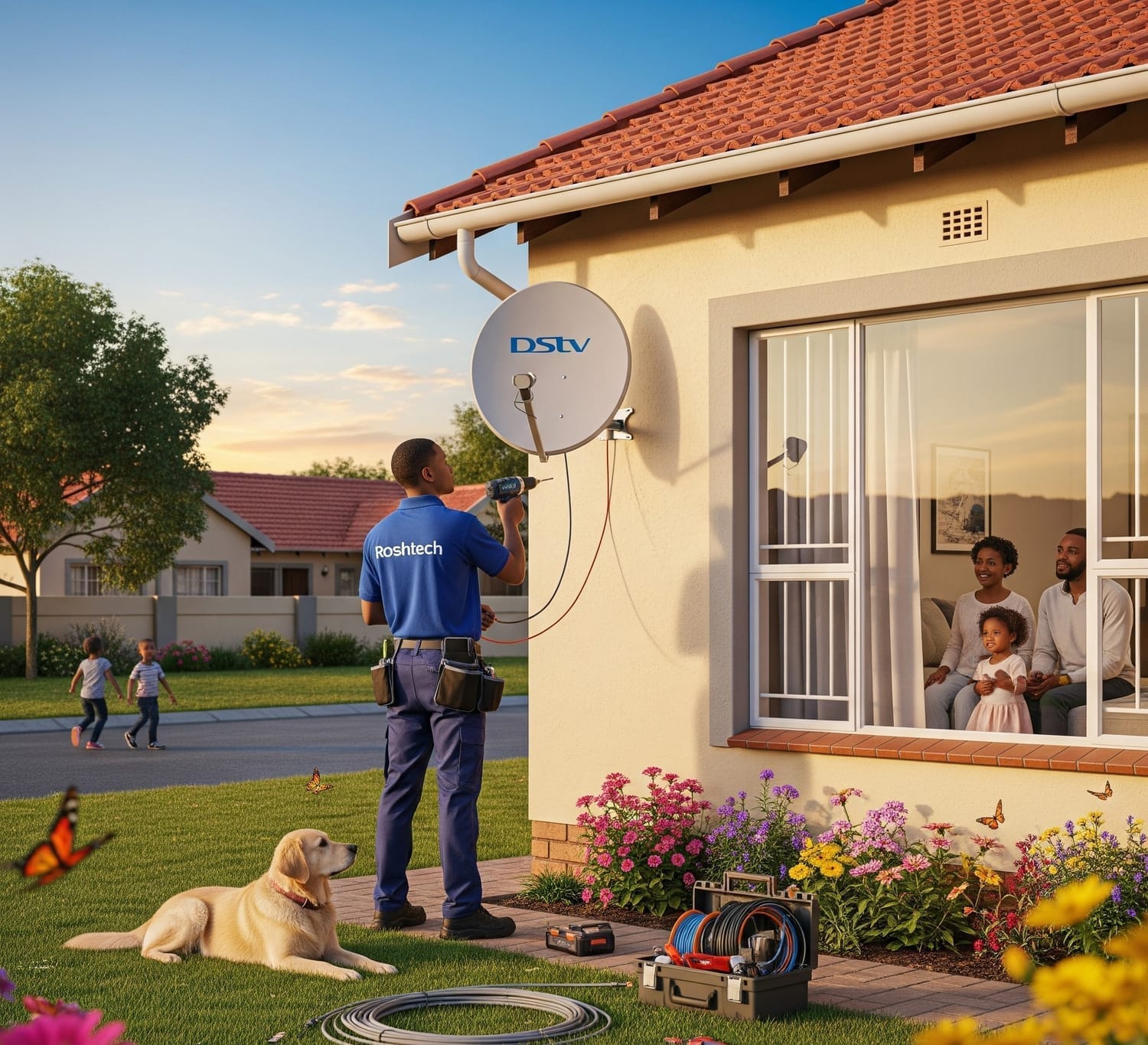 A professional DStv installer wearing a blue Roshtech shirt is mounting a DStv satellite dish on the exterior wall of a suburban house. The installer is using a drill. A happy family (a man, a woman, and a young girl) is sitting inside, looking out the window at the installer. Outside, on the lawn, a golden dog is lying down, watching. In the background, two children are playing in the street, and the sun is setting, casting a warm glow. There are colorful flowers and butterflies in the foreground. A toolbox and cable coils are on the ground near the installer.