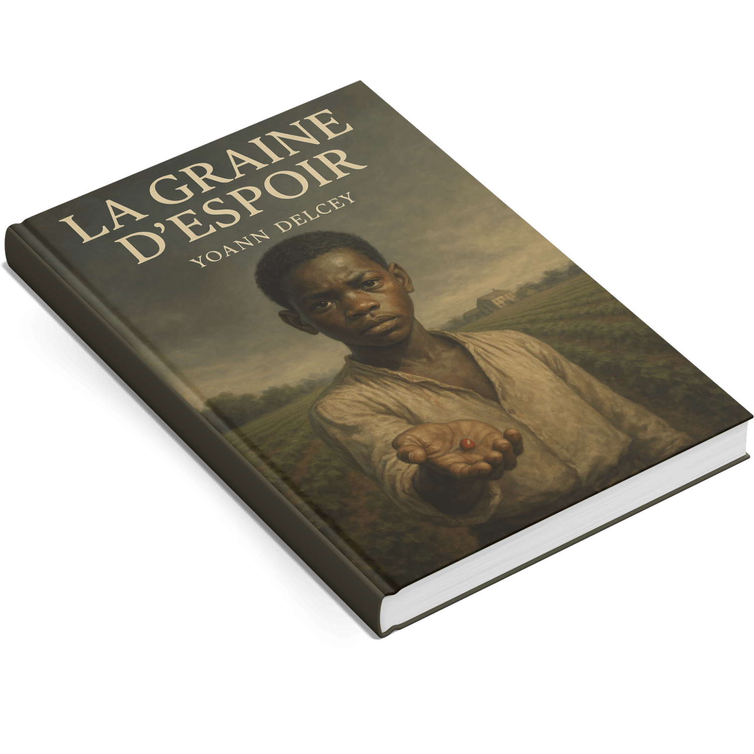 Couverture du roman « La graine d’espoir » de Yoann Delcey : un jeune garçon noir, en chemise simple couleur crème, se tient dans un vaste champ cultivé aux lignes régulières. Son regard est grave, sa main droite tendue vers le spectateur, paume ouverte, offrant une petite graine rouge. En arrière-plan, sous un ciel nuageux aux teintes dorées, on devine une maison rurale. Le titre du livre apparaît en haut : « LA GRAINE D’ESPOIR », suivi du nom de l’auteur.