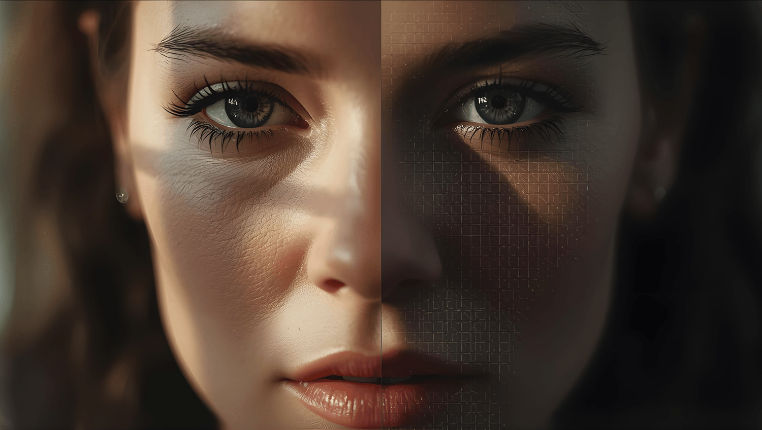  Close-up split portrait: left side natural human face, right side darker with faint grid/artifacts, illustrating real vs. synthetic imagery.