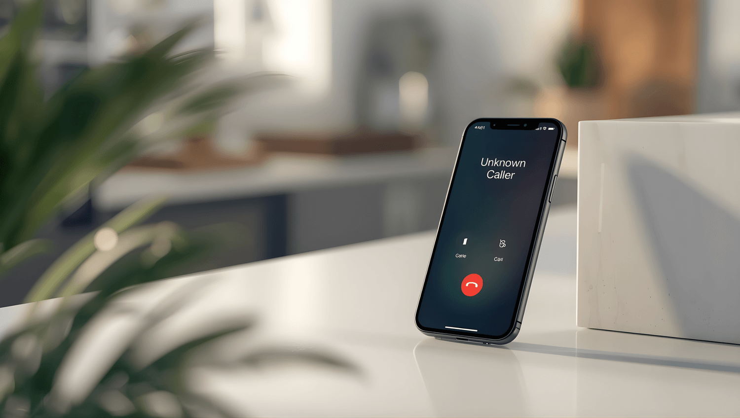 Smartphone on a kitchen counter shows an incoming call from “Unknown Caller,” suggesting a suspicious or possibly cloned-voice call.