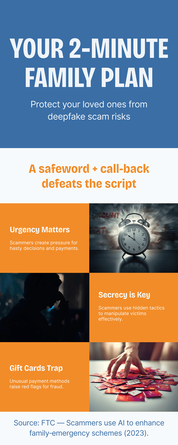 Blue and orange infographic titled “Your 2-Minute Family Plan”; three tiles show tactics to watch: urgency, secrecy, gift cards; message: use safeword + call-back.