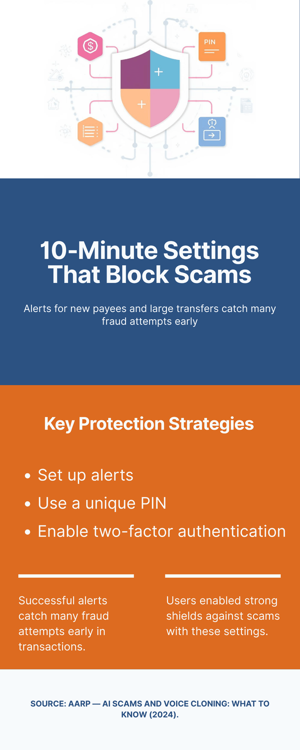Infographic with a central shield and tiles; headline “10-Minute Settings That Block Scams”; bullets: set alerts, use a unique PIN, enable 2FA.