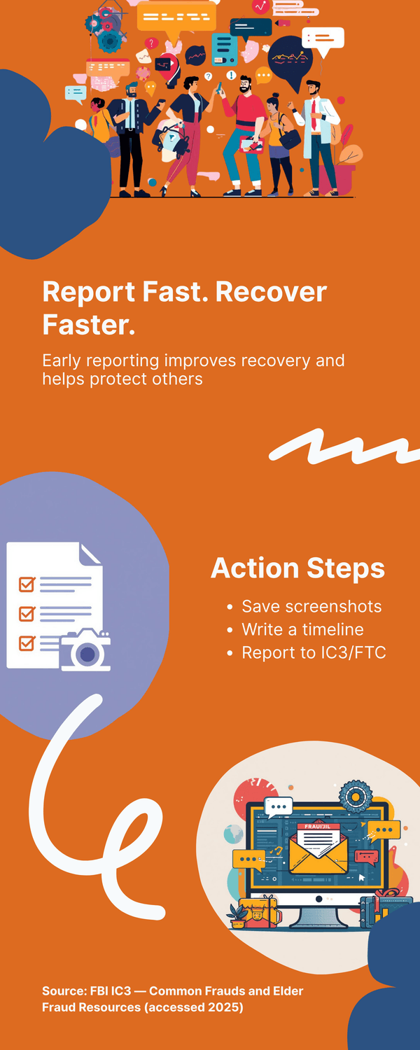 Tall orange infographic titled “Report Fast. Recover Faster.” with checklist icons; key steps: save screenshots, write a timeline, report to IC3/FTC.