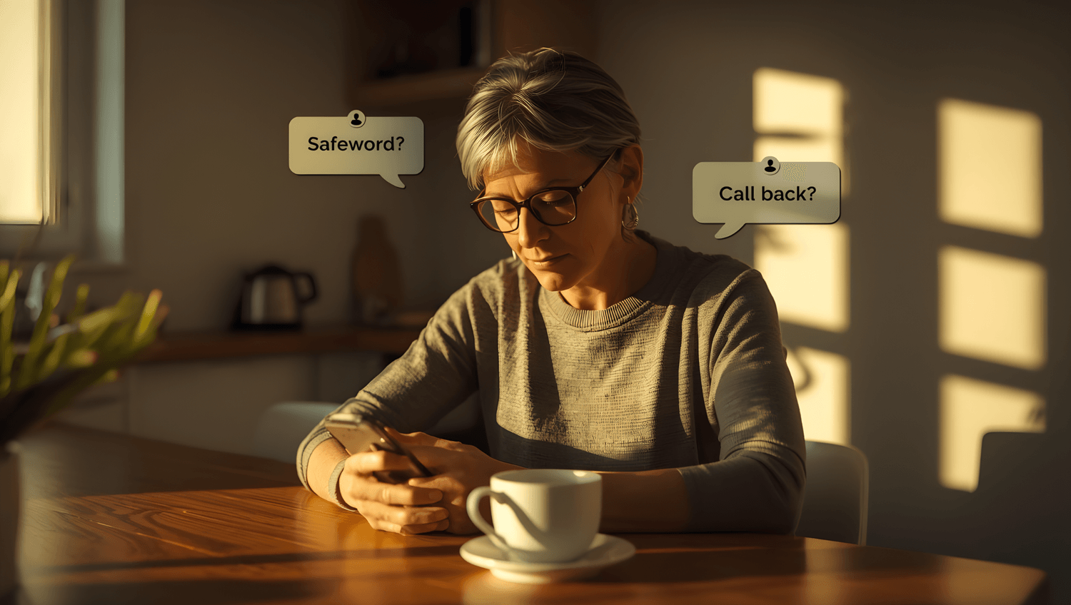 Older woman at a kitchen table checks her phone; warm morning light; speech bubbles read “Safeword?” and “Call back?” highlighting a safety plan.