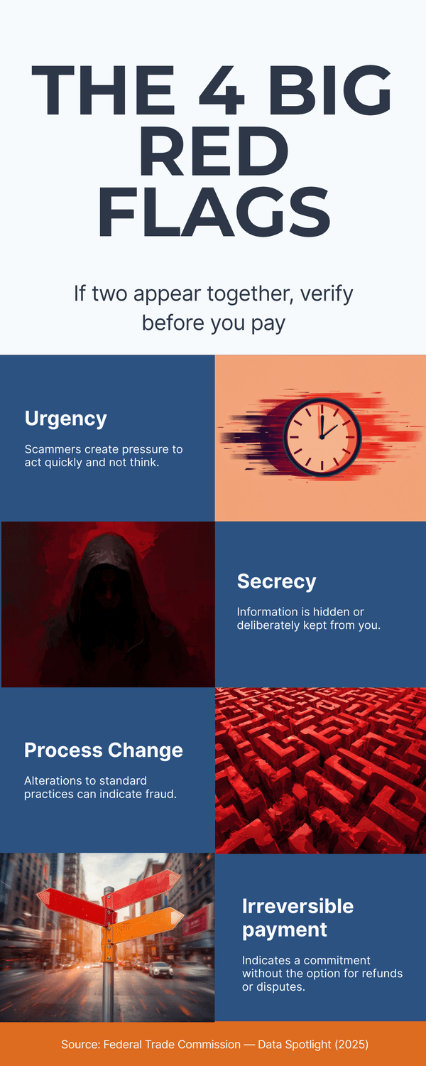 Infographic The 4 Big Red Flags: urgency, secrecy, process change, and irreversible payment with a prompt to verify before paying