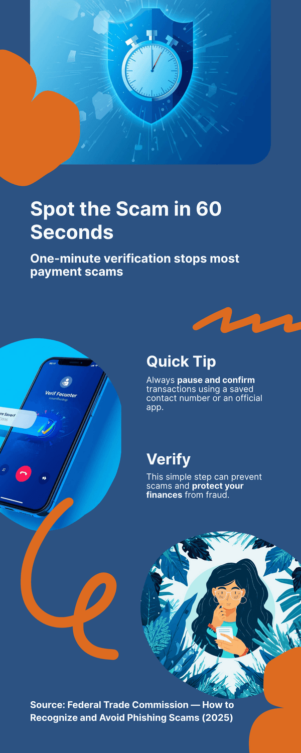 Infographic Spot the Scam in 60 Seconds showing a stopwatch shield and tips to pause and verify using a saved number or official app.