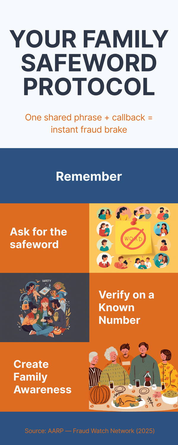 Infographic titled Your Family Safeword Protocol with reminders to ask for the safeword, verify on a known number, and build family awareness