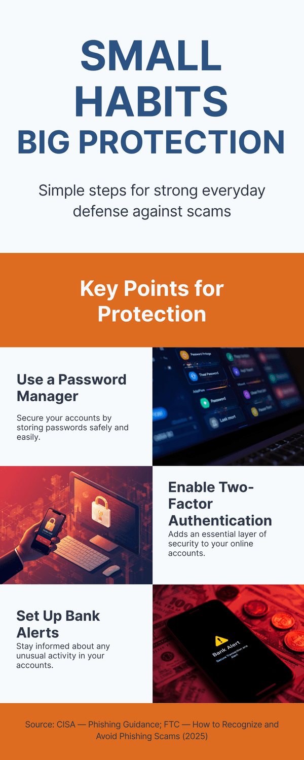 Infographic titled Small Habits, Big Protection with tips to use a password manager, enable two-factor authentication, and set bank alerts.