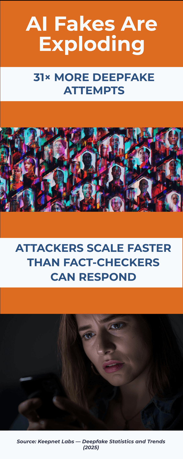 Infographic stating deepfake attempts are rising over 31×, with attackers scaling faster than fact-checkers, highlighting the rapid growth of AI-generated fakes.