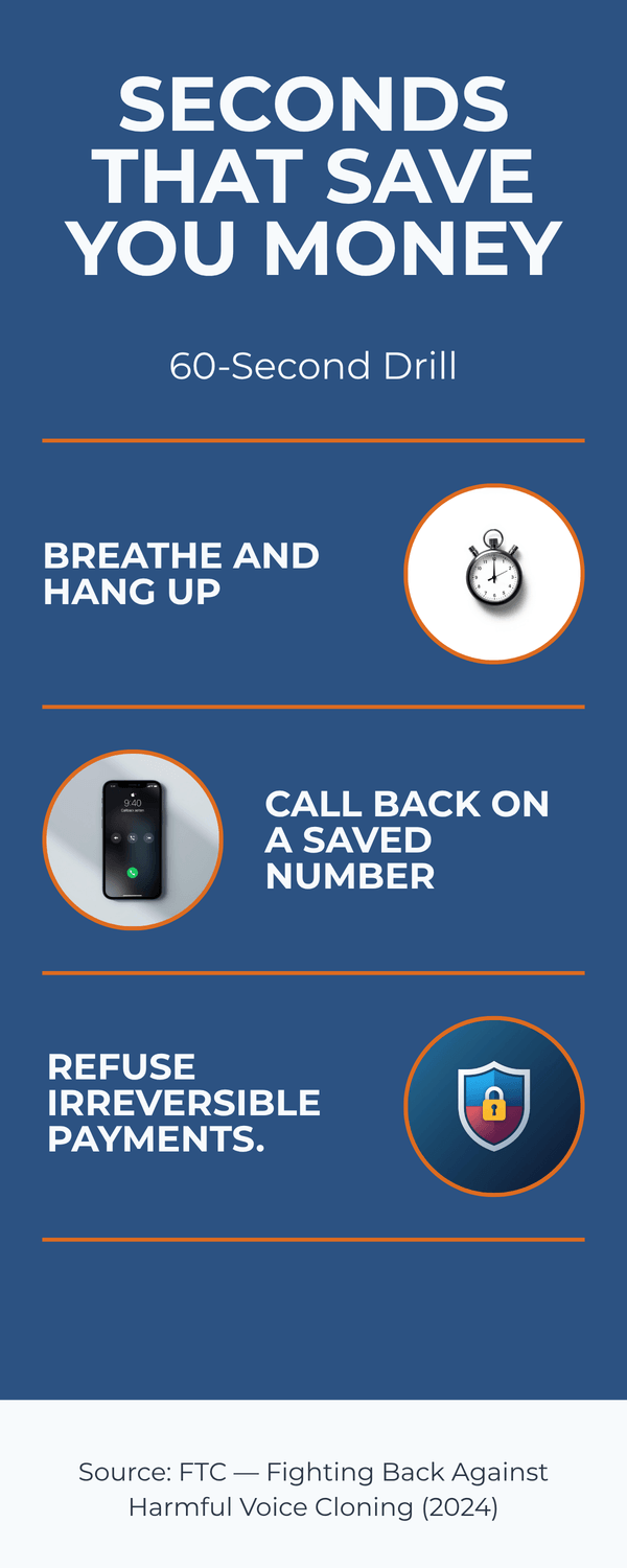 Infographic with a 60-second safety drill: hang up, call back on a saved number, and refuse irreversible payments.