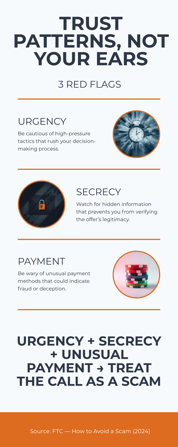 Infographic listing three red flags of scams—urgency, secrecy, and unusual payment—and advising to treat any call with all three as a scam.