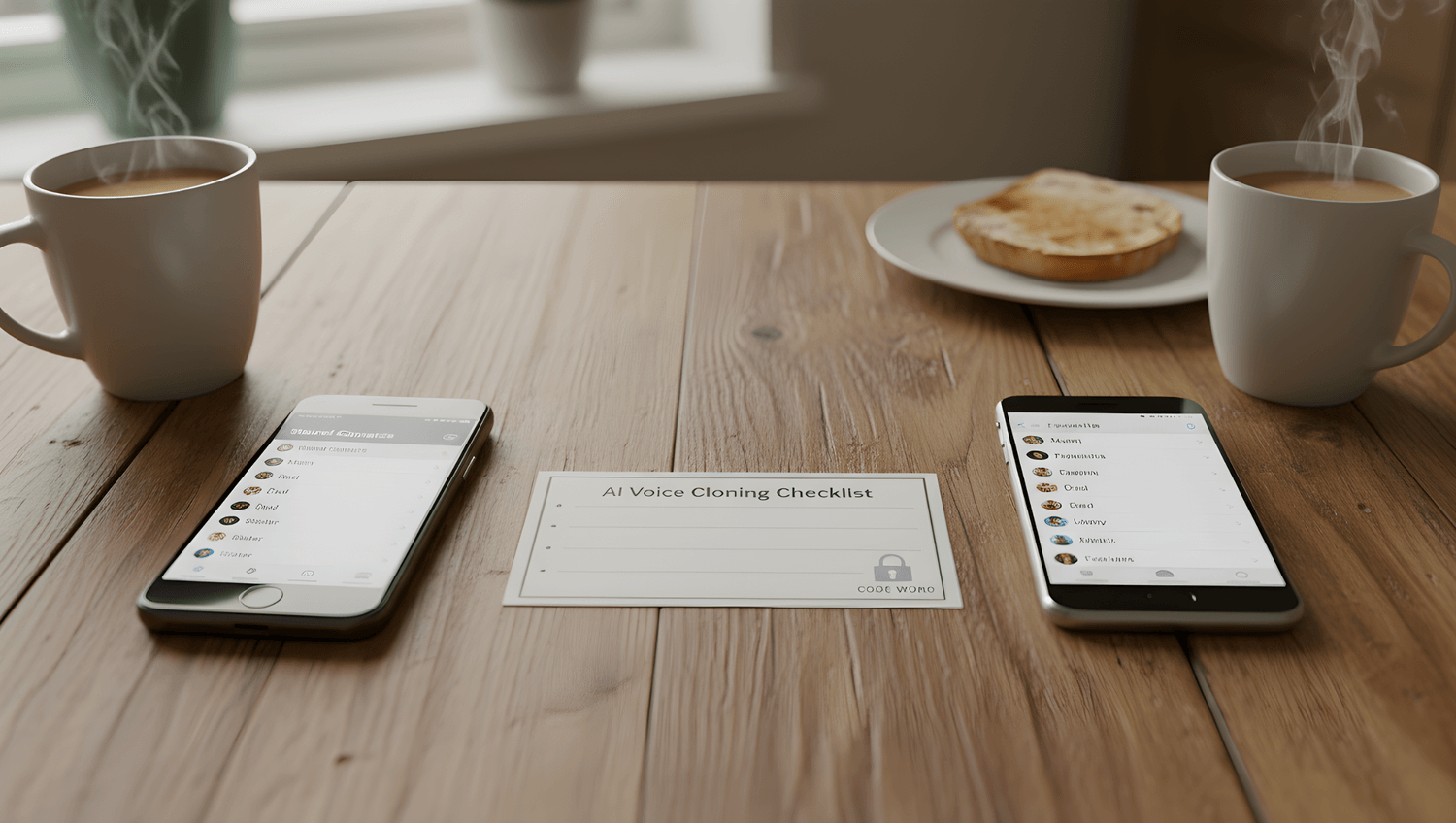 Photo of a tidy desk with coffee, notebook, and tablet placed on a wooden table.