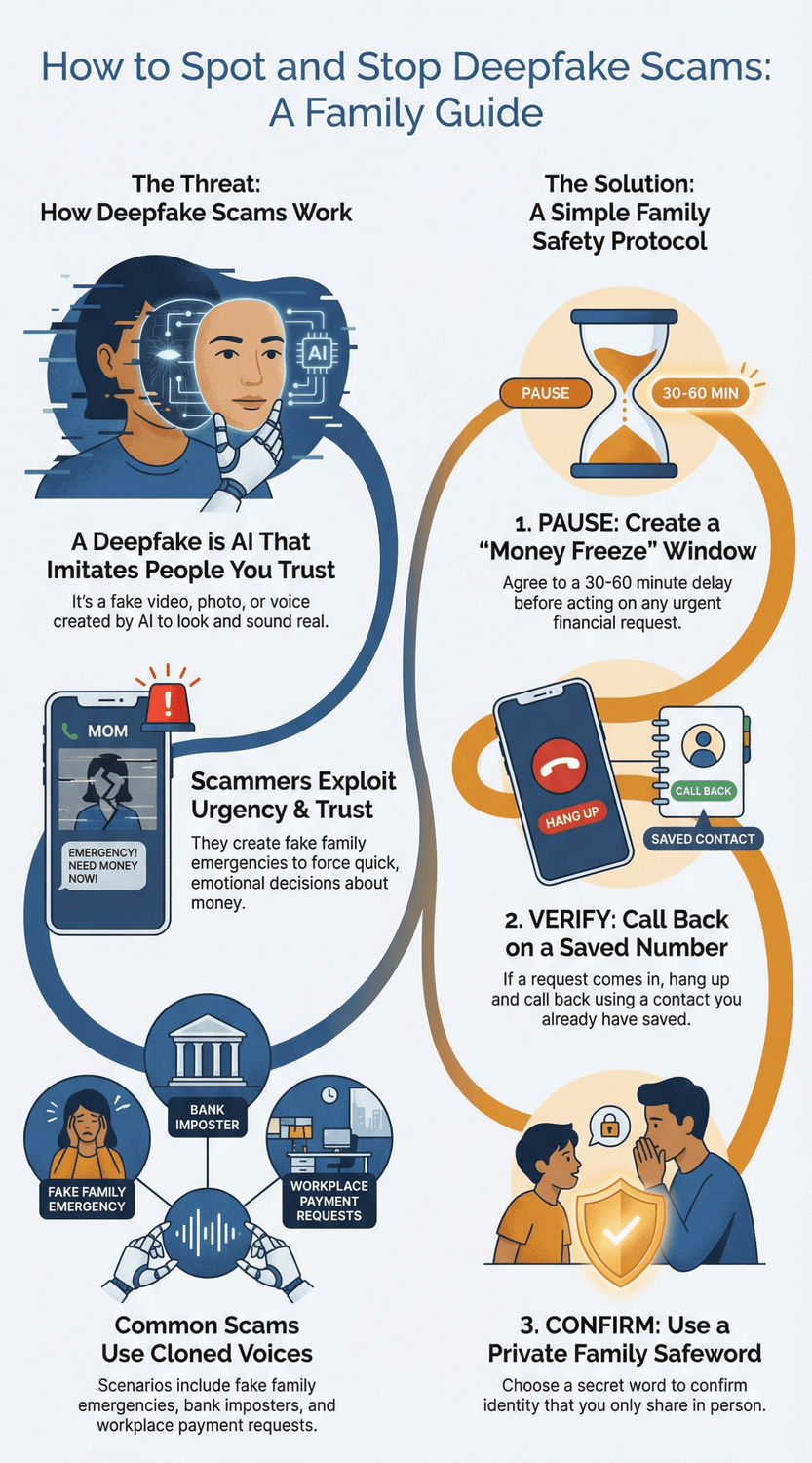 Infographic titled How to Spot and Stop Deepfake Scams: A Family Guide. The left side explains the threat: Deepfakes are AI-generated voices, photos, or videos that imitate people you trust. Icons show a person’s face being digitally replaced, a phone alert labeled ‘EMERGENCY! NEED MONEY NOW!,’ and examples of common scams—fake family emergencies, bank imposters, and workplace payment requests. It highlights that scammers exploit urgency and trust.