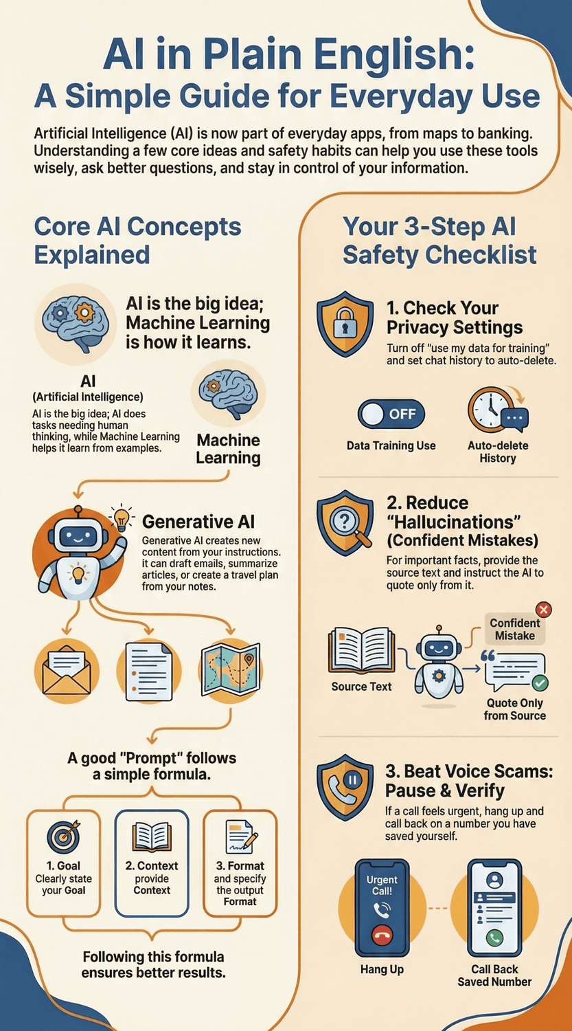 Infographic titled AI in Plain English: A Simple Guide for Everyday Use. It explains core AI concepts and a 3-step safety checklist for everyday users. The left side defines Artificial Intelligence as the broad idea, Machine Learning as the way AI learns from examples, and Generative AI as tools that create new content such as emails, summaries, or plans. Illustrated icons include a brain, robot, envelope, and document. It introduces a simple three-part prompt formula: state your goal, provide context, and specify the output format.