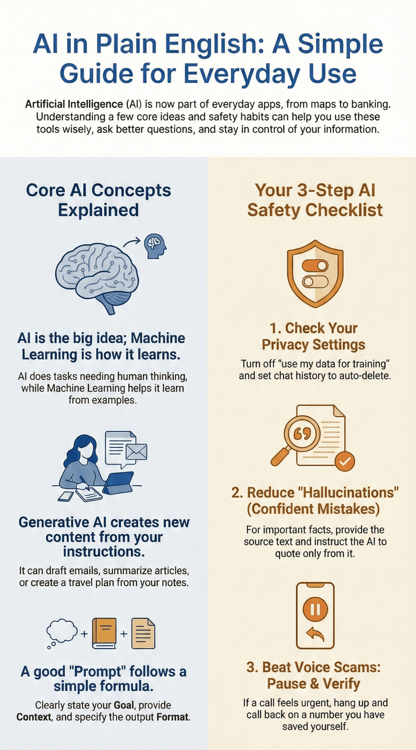 Infographic explaining basic AI concepts—AI, Machine Learning, and Generative AI—plus a simple 3-step safety checklist: check privacy settings, reduce AI mistakes by providing sources, and verify urgent calls to avoid voice scams.
