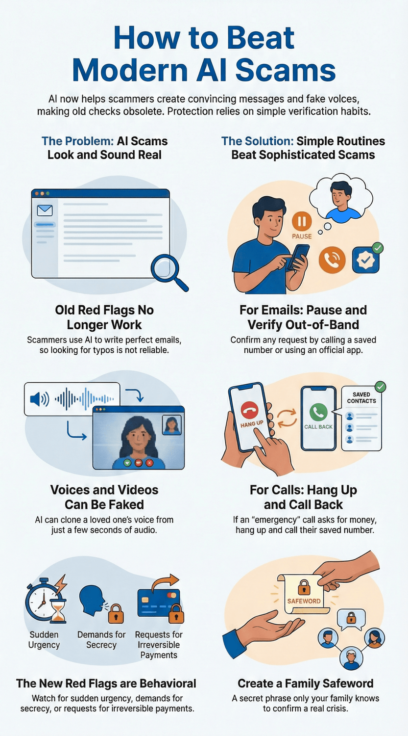Infographic explaining how to avoid modern AI scams: AI-written emails and fake voices, why old red flags don’t work, and simple protections like pausing to verify, calling back saved numbers, watching for urgency or secrecy, and using a family safeword.