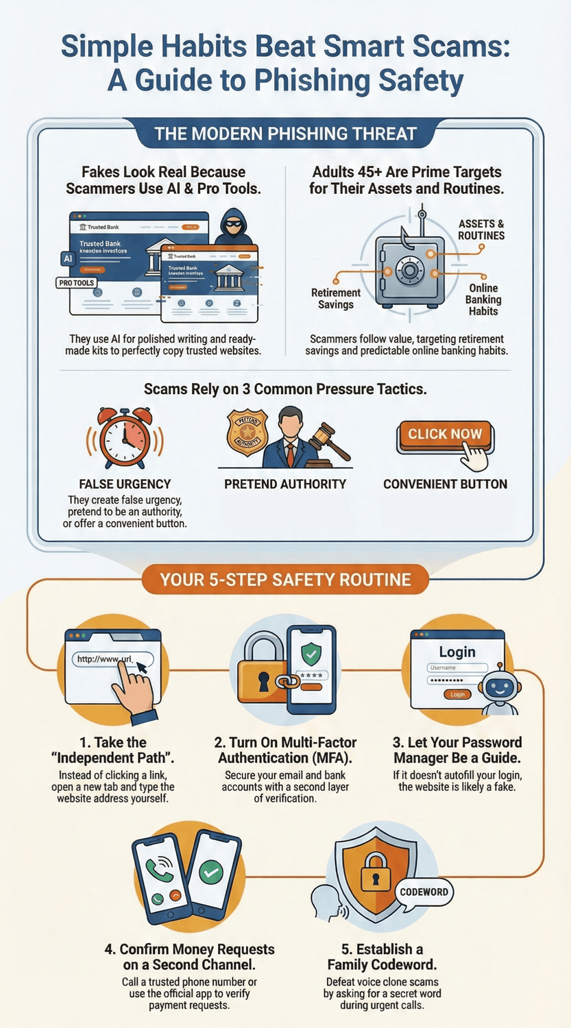 Infographic explaining modern phishing threats and how scammers use AI. Highlights three pressure tactics—false urgency, pretend authority, and convenient buttons. Provides a 5-step safety routine: type website addresses yourself, use multi-factor authentication, rely on a password manager, confirm money requests through a second channel, and use a family codeword to prevent voice-clone scams.