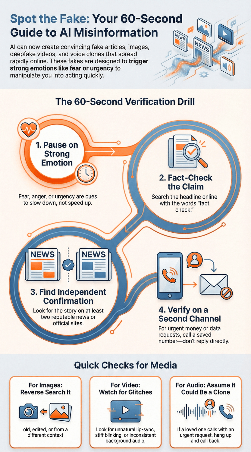 Infographic showing a 60-second drill to spot fake content: source check, fact-check, find independent evidence, and quick checks for media manipulation.