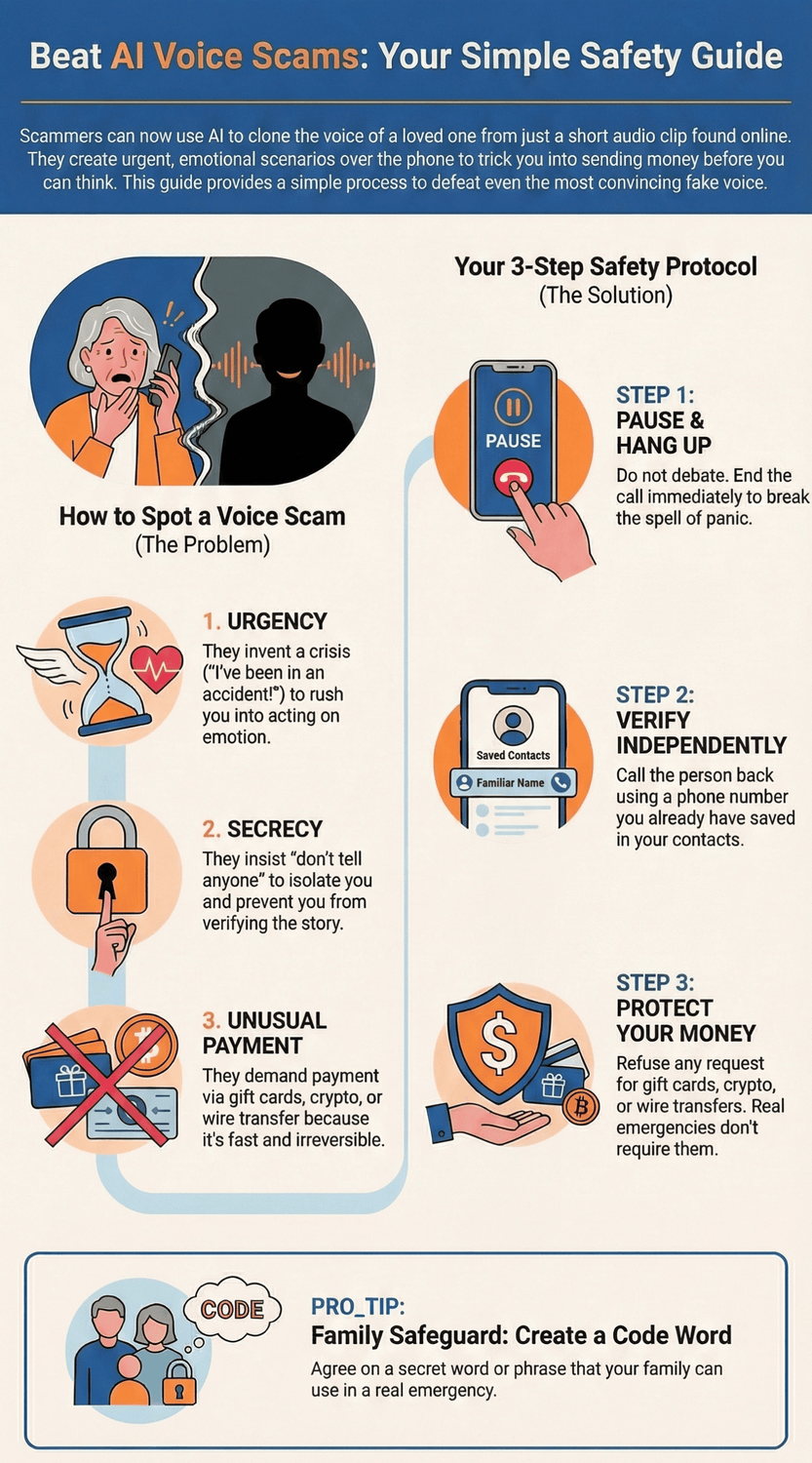 Infographic explaining how to beat AI voice scams with steps like hanging up, calling back a saved number, confirming requests on a second channel, and using a family codeword.