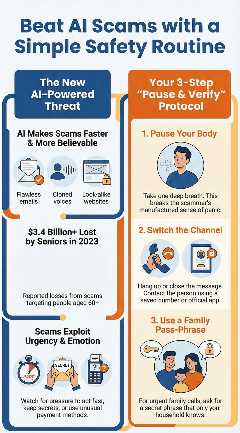 Infographic explaining how AI makes scams more convincing and outlining a simple safety routine: pause, switch to a second channel, and use a family pass-phrase.