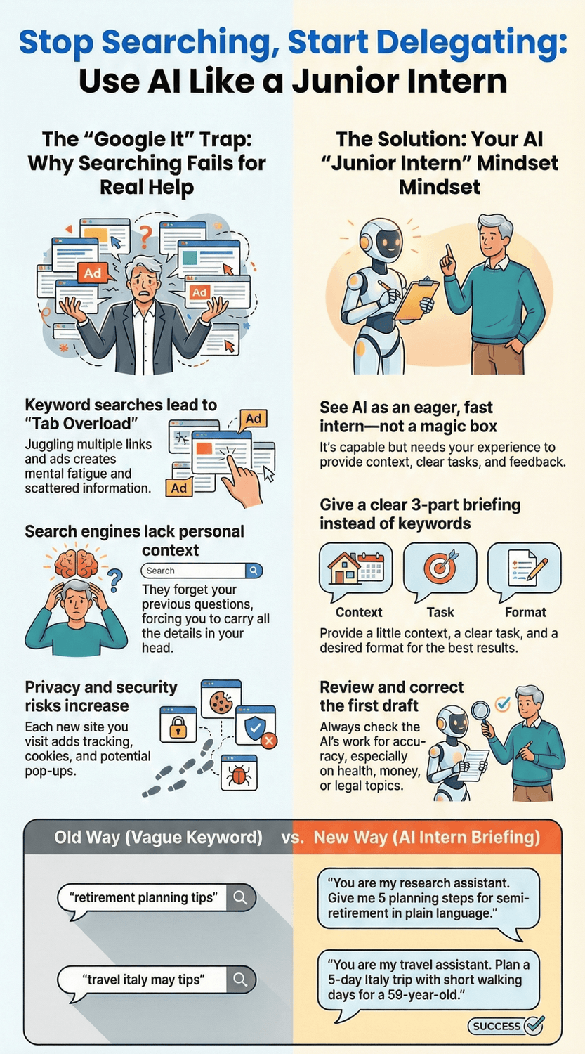Infographic explaining how AI makes scams more convincing and outlining a simple safety routine: pause, switch to a second channel, and use a family pass-phrase.