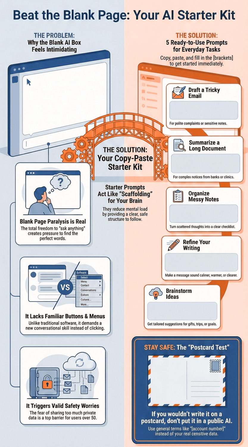 Infographic explaining how AI makes scams more convincing and outlining a simple safety routine: pause, switch to a second channel, and use a family pass-phrase.
