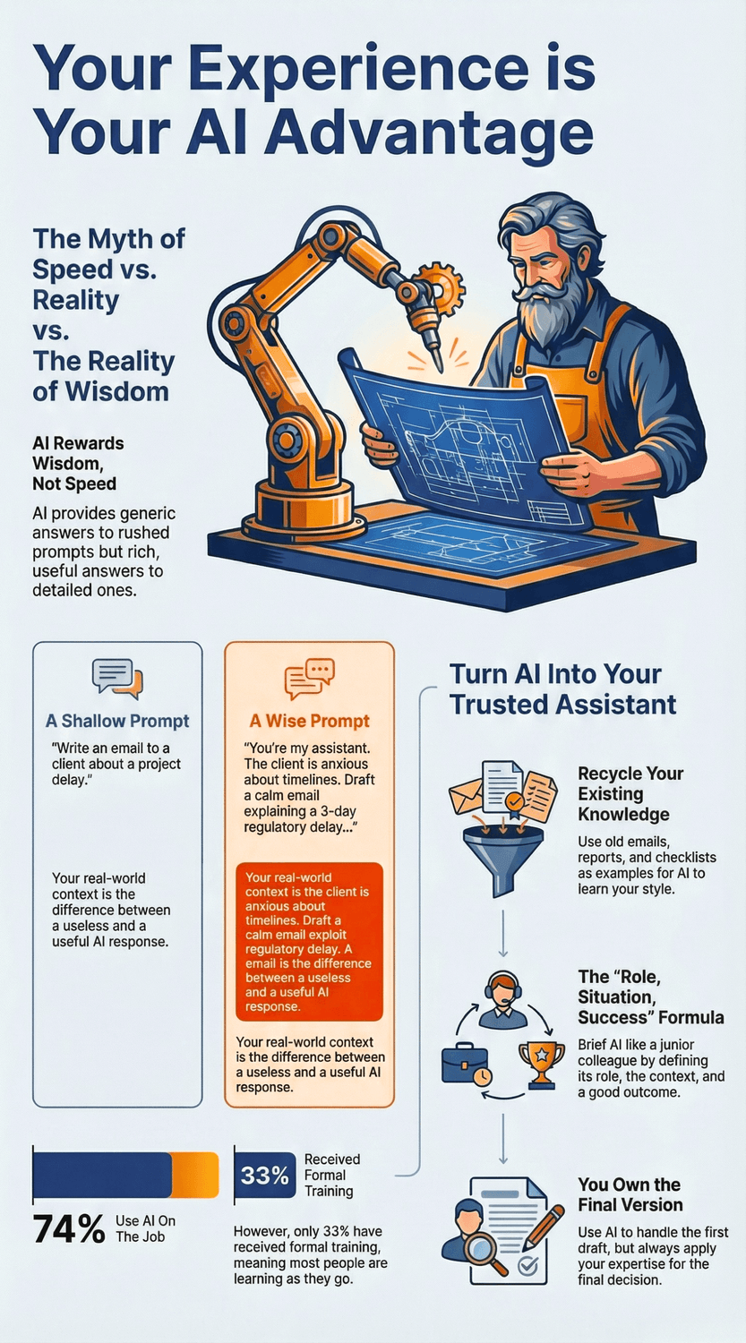 Infographic explaining how AI makes scams more convincing and outlining a simple safety routine: pause, switch to a second channel, and use a family pass-phrase.