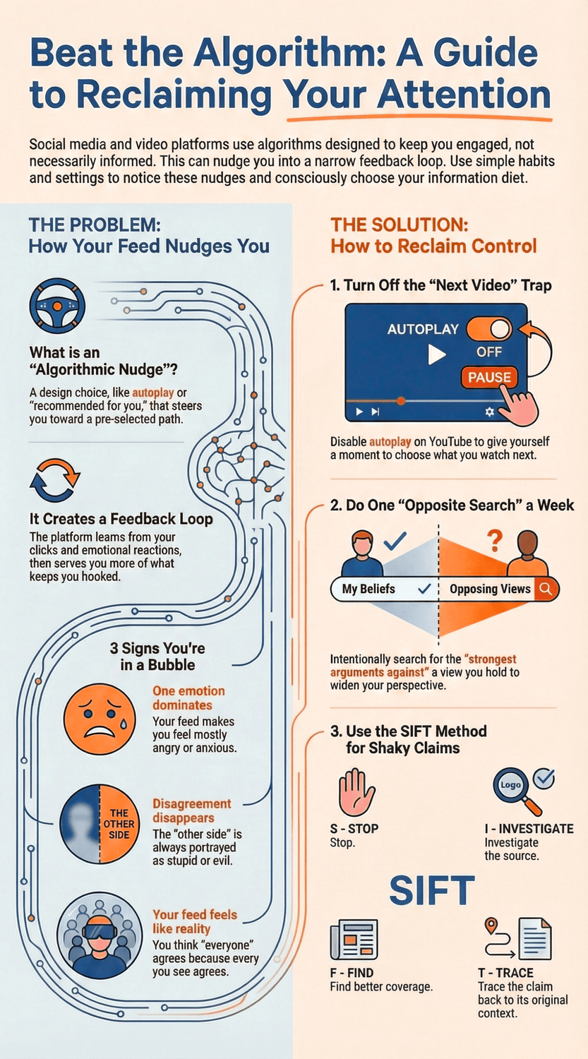 Infographic explaining how AI makes scams more convincing and outlining a simple safety routine: pause, switch to a second channel, and use a family pass-phrase.