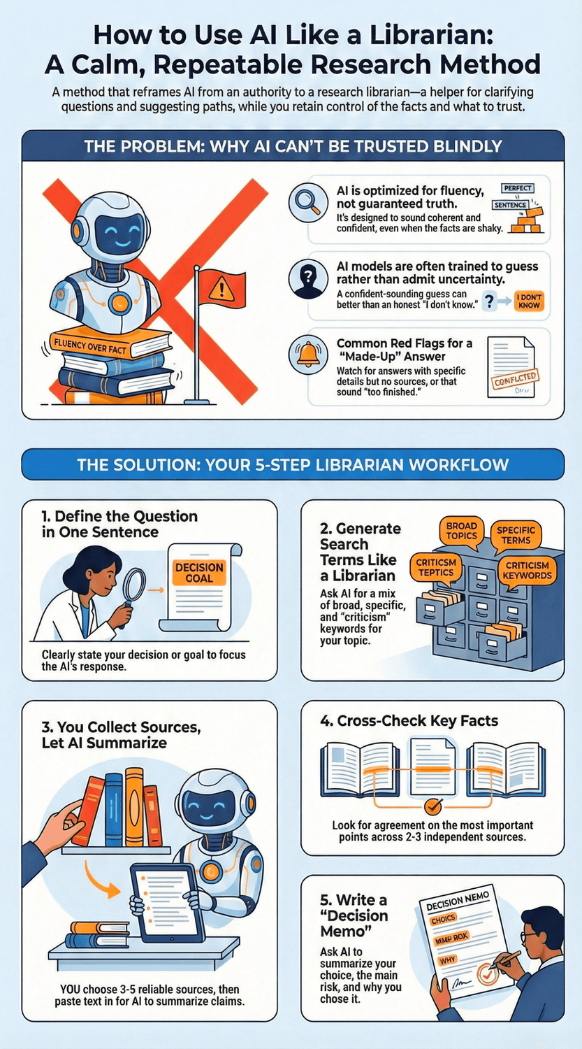 Infographic explaining how AI makes scams more convincing and outlining a simple safety routine: pause, switch to a second channel, and use a family pass-phrase.